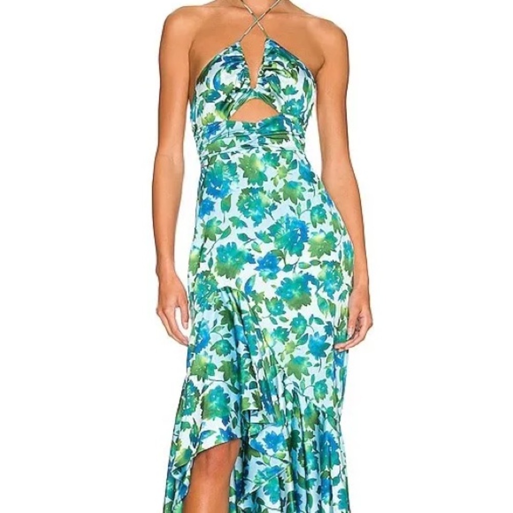 Amur Edie High Low Tie Neck Gown In Cerulean Lotus Block Print Size 4